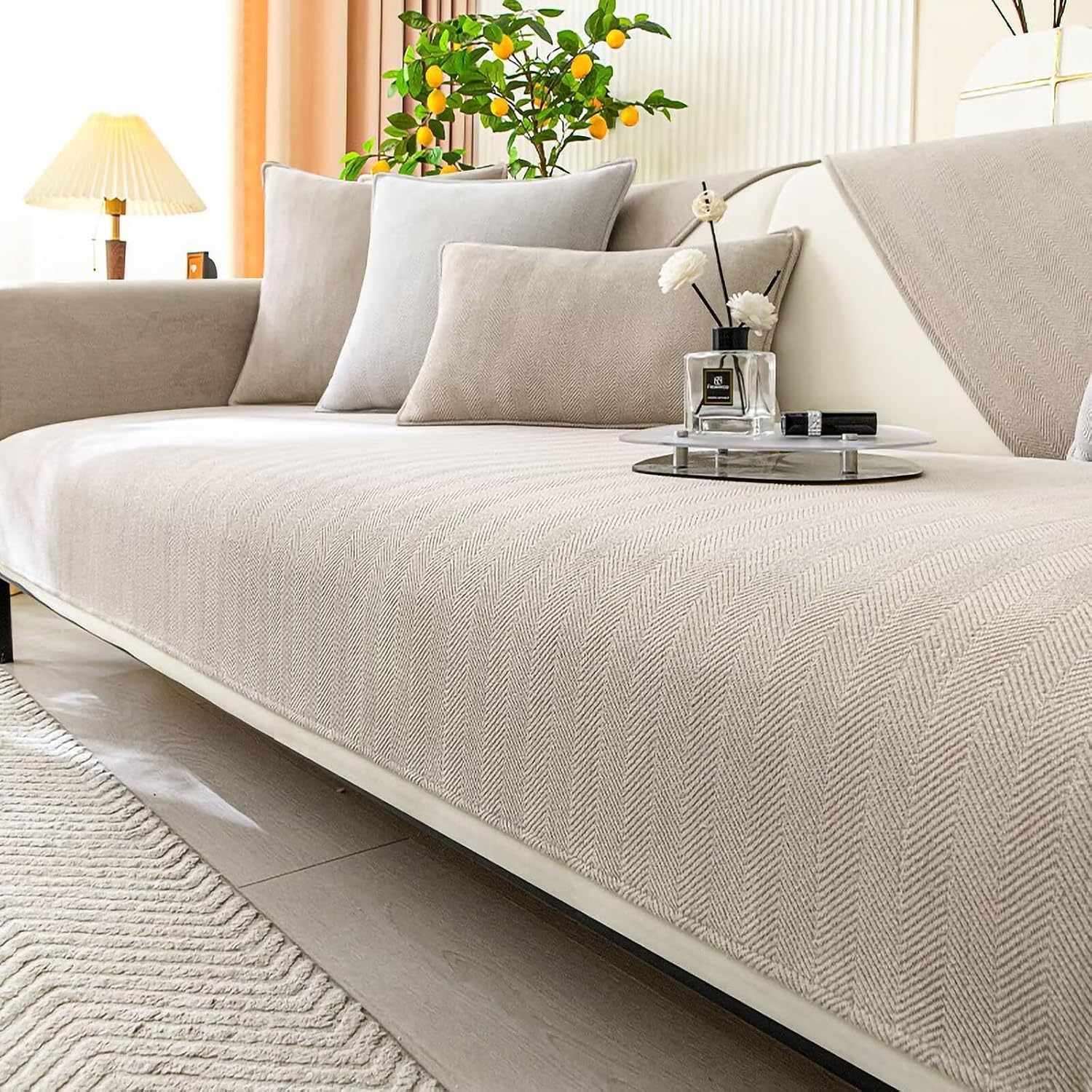 Gluhbirnen Herringbone Chenille Fabric Furniture Protector, Universal Non-Slip L Shape Couch Cover, Funny Dog Sofa Cover, Milk Tea Color, 70 * 150CM