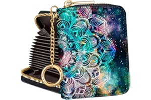 Hautebella Credit Card Holder for Women Cute Small for Ladies Teen Girls Female RFID Leather Cardholder Wallets with Keychain Accordion Organizer Purse Boho Girly Aesthetic Print Unique Zipper