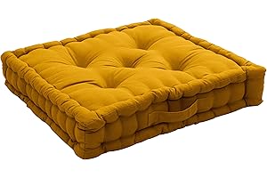ED ENJOY HOME Cuscino da pavimento con manico, 50 x 50 cm, giallo senape, 100% cotone certificato Oeko Tex, imbottitura 100% cotone riciclato, imbottito per garantire una buona tenuta, collezione Panama, Enjoy Home