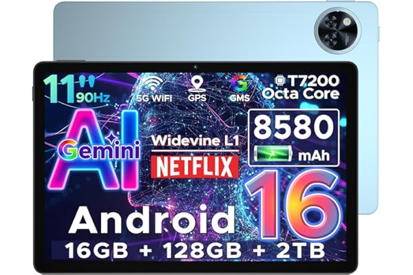 DOOGEE U11 Android 16 Tablet 11 Pulgadas, 16GB RAM+128GB ROM/2TB TF Tableta para Niños, Batería 8580 mAh, HD 90Hz, 13MP+5 MP/WiFi 5G/Face ID/Widevine L1/GMS/GPS/OTG/Audio 3.5mm Jack Tablets Gaming