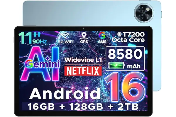 DOOGEE U11 Android 16 Tablet 11 Pulgadas, 16GB RAM+128GB ROM/2TB TF Tableta para Niños, Batería 8580 mAh, HD 90Hz, 13MP+5 MP/WiFi 5G/Face ID/Widevine L1/GMS/GPS/OTG/Audio 3.5mm Jack Tablets Gaming