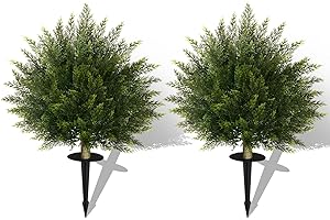 VITALISMO Set of 2 Artificial Cedar Topiary Ball Tree with Ground Spike, Indoor Outdoor Decorative Faux Shrub Bushes Plants Fake Greenery Cypress for Front Porch Garden Patio Home Office