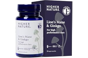 Higher Nature - Lion's Mane & Ginkgo - for High Performance Days - High Strength Ginkgo Biloba 6000mg & Lion's Mane Mushroom 3000mg - Vegan Formula - 30 Capsules