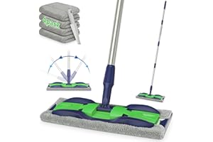 MEXERRIS Microfiber Mops for Hardwood Floor Cleaning - Floor Flat Mop with 59" Stainless Steel Handle 4 Reusable Pads and 1 Scrubber - Dry Dust Mop for Wood Laminate Tile Commercial Home Use