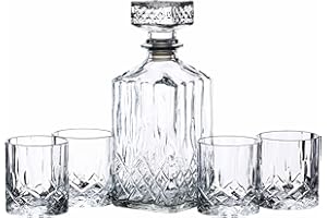BarCraft Whisky Decanter and Glass Gift Set, Cut Glass 5-piece Set, 900ml Decanter with Silicone Seal Stopper and 4x Tumblers, 26 x 10 x 24cm, Kristall