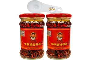 Lao Gan Ma Crispy Chilli In Oil 210g - Authentic Chinese Spicy Condiment - Pack of 2 Jars with World Food Shop Scoop - Premium Gourmet Hot Chilli Sauce
