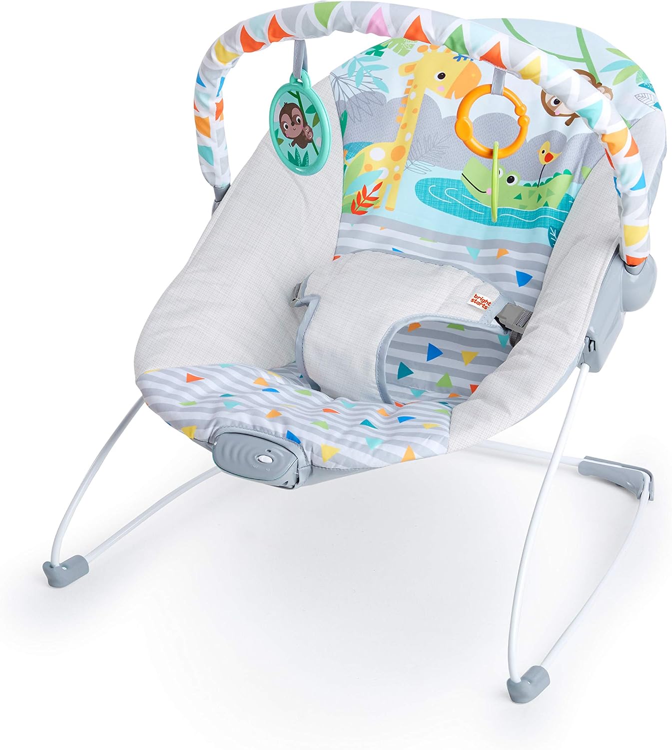 Bright Starts, Asiento Infantil Vibrador - Barra de Juguetes Removible, Pies Antideslizantes, 0-6 Meses Hasta 9 kg (Safari Fun)