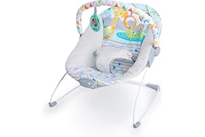 Bright Starts Transat Bébé Vibrations Apaisantes - Barre de Jouets Amovible, Pieds Antidérapants, 0-6 Mois Jusqu'à 9 kg (Safari Fun)