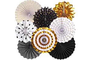 ‎SUNBEAUTY SUNBEAUTY 8 Stück Papier Fächer Dekoration Hanging Party Schwarz Gold Papierfächer Party Deko Set für Geburtstag Hochzeit Abschlussfeier Veranstaltungen Zubehör