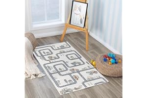 Livabliss Road Track Machine Washable Kids – Fun Play Mat for Girls & Boys Bedroom 80x150 cm, Nursery or Playroom Decor – Cream, Black & Light Grey