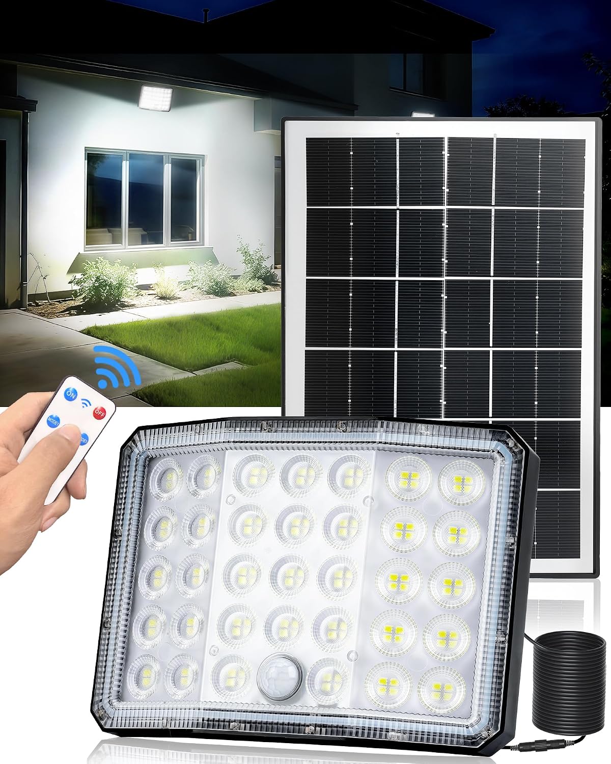 Luz Solar Exterior, 3600mAh 4 Modos Focos LED Exterior Solares con Control Remoto, 210° Iluminacion Luces Solares LED Exterior, IP66 Impermeable Foco Solar Exterior Luces Solares Exterior, 1 Paquete