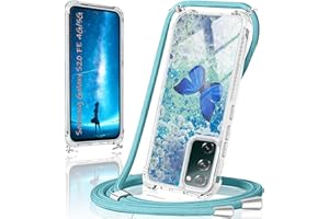 XCYYOO Handykette für Samsung Galaxy S20 FE 4G/5G Hülle mit Band,Handyhülle Samsung S20 FE 4G/5G Glitzer Schmetterling mit Kette TPU Slim Bumper Kratzfest Stoßfest Schmetterling Schutzhülle mit Kordel