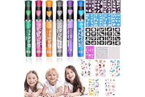 RUIJIE 26 Stück Tattoo Stifte Kinder Glitzer Tattoo Gelstifte Set für die Haut 6Temporäre Tatoostift mit 13 Schablone 2 Gesicht Edelstein 5 Leuchtende Aufkleber Geschenkfür Jungen Mädchen Halloween Party
