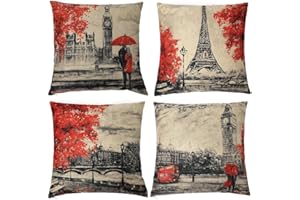 Gspirit 4 Pack Torre Eiffel Big Ben Lino Algodón Throw Pillow Case Funda de Almohada para cojín 45x45 cm