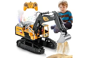 FUYLEY Jouets D'excavatrice Télécommandés pour Garçons, Pelle en Métal 14 Canaux 2,4 GHz RC avec Pulvérisation Lumière Son, Jouets de Construction Rc Rotation à 680 ° pour Garçons Cadeau