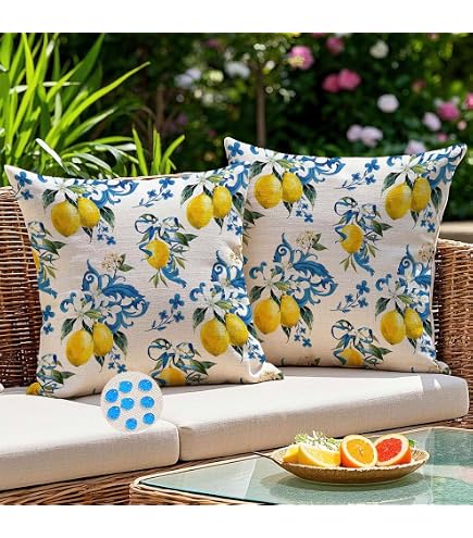 Lot De 2 Coussiens D'Extérieur Imprimé Citron - 45x45cm - Résistants à L'Eau - Pour Meubles De Jardin