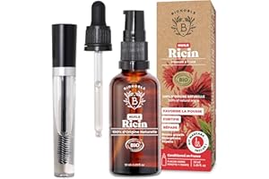 Bionoble Huile de Ricin Bio 50ml + Kit Mascara, Pipette et Pompe - Bouteille en Verre - 100% Pure, Naturelle, Pressée à Froid - Huile de Ricin pour Cheveux Cils Sourcils - Castor Oil, Huile Ricin