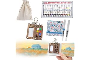 ELIPHONTOWNE 7 PCS Pocket Artist Watercolour Travel Set - 8 Grids Travel Watercolour Paint Set Portable, Mini Watercolour Paint Set Travel, Painting Set with Foldable Wooden Palette, Sketchbook, Brush, Paint 01012