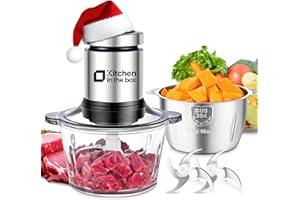Kitchen in the Box Hachoir Électrique 400W, Hachoir à Viande avec 2 Bols (Verre 2L + Inox 2L), 2 Lames Bi-niveau, Mixeur hachoir, Légumes, Oignons, Fruits