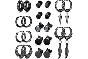 JeweBella Zestaw 11 par czarnych kolczyków ze stali nierdzewnej, hipoalergiczne, punk, gotyckie, okrągłe, cyrkonie, kolczyki kreole, krople, dla mężczyzn i kobiet, Stal nierdzewna