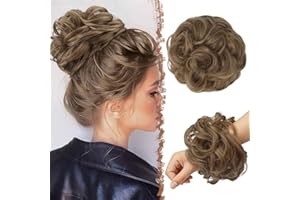 FESHFEN Moños Postizos, Natural Rizado Ondulado Postizo Moño Sintético Extensiones de Cabello Pelo Desordenado Coleta Postiza para Mujer 55g, Marrón Claro meclado con Rubio