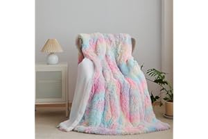 Wajade Rainbow Throw Blanket Faux Fur Bed Throw Super Soft Warm Large Blanket for Bed Sofa Car (130x160cm)