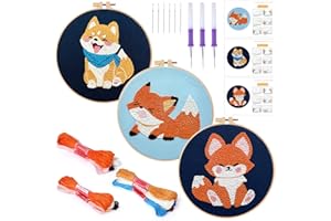 JSRQT 3 Pièces Punch Needle Broderie Kit Renard Adulte Débutants D'Aiguille de Poinçon Fils Cerceaux à Broder Démarrage avec Instructions Tissu