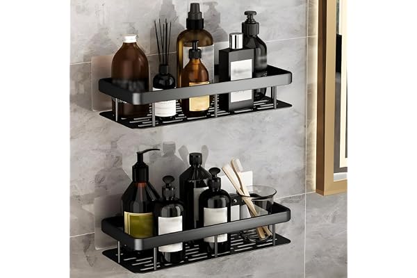 JIALTO Self Adhesive Bathroom Shelf for Wall, Wall Mounted Bathroom Shelves Without Drilling, Aluminum Bathroom Organizer Rack for Bathroom Accessories Storage Organiser Stand (2 PCS, Black)