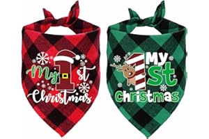 STMK 2 Pack Plaid Dog Bandanas, Christmas Plaid Dog Bandanas for Small Medium Dog Puppy Costume Decorations (Red & Green, Christmas Hat & Deer)