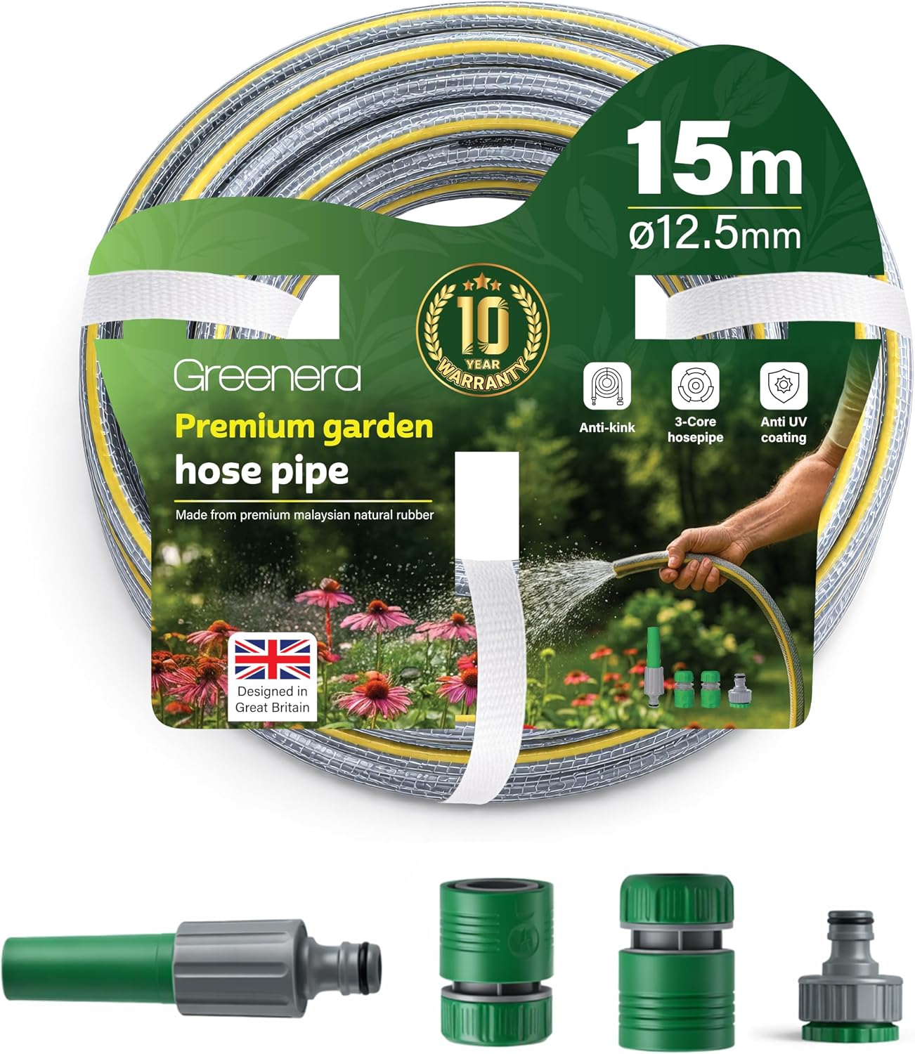 Garden Hose Pipe, 12.5mm x 15m Starter Set, Including 2 in 1 Faucet Tap Adapter, Hose End Quick Connector and Sprayer, Re-Enforced PVC Layering, Hard-Wearing Hosepipe for Outdoor Garden Car Washing
