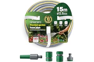 Garden Hose Pipe, 12.5mm x 15m Starter Set, Including 2 in 1 Faucet Tap Adapter, Hose End Quick Connector and Sprayer, Re-Enforced PVC Layering, Hard-Wearing Hosepipe for Outdoor Garden Car Washing