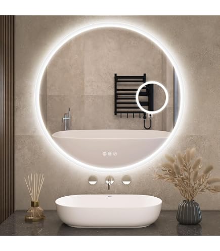 COSTWAY Miroir Rond LED Salle De Bain 60x60cm - Antibuée, 3 Couleurs, Luminosité Réglable, Fonction Mémoire & Interrupteur Tactile
