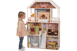 KidKraft Maison de Poupée en Bois Savannah avec Accessoires et Mobilier, 4 Étages de Jeu avec Fauteuil Suspendu et Lit à Baldaquin pour Poupées 30 cm, Jouet Enfant dès 3 Ans, 65023
