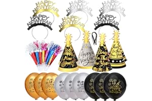 HOWAF Silvester Deko 2026 Party Set, 43pcs Happy New Year Haarreif Silvester Kopfschmuck Partyhüte Silvester Accessories Fotorequisiten Tröten und Luftballons für Kinder Erwachsene Neujahr Partydeko