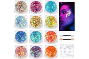 BUTBU 12 Lumineuse Gel Paillettes,Gel Paillettes Visage, Paillette de Corp, avec Pinceaux de maquillage et Autocollants en diamant, pour Visage, Cheveux, Halloween, Fête, Noël