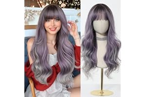 ‎ESMEE Esmee 24 Zoll Lange Gewellte Ombre Lila bis Grau Perücke mit Pony für Frauen Natürliches Synthetisches Haar Hitzebeständig Ombre Perücken mit Dunklen Wurzeln für die Tägliche Party Cosplay Tragen