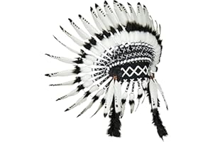 KARMABCN X08 - Sombrero Indio de Plumas Blancas y Negro Indio de la Pluma, Estilo del Nativo Americano. Warbonnet