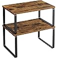 SONGMICS Spice Rack, Set of 2 Cupboard Shelf Organiser, Expandable Kitchen Shelf Organiser, Stackable Spice Holder, Metal and Engineered Wood, Black and Rustic Brown KCS020X01
