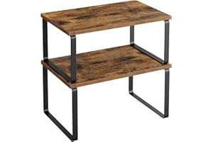 SONGMICS Spice Rack, Set of 2 Cupboard Shelf Organiser, Expandable Kitchen Shelf Organiser, Stackable Spice Holder, Metal and Engineered Wood, Black and Rustic Brown KCS020X01