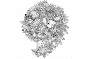 KKSTY Guirnalda de oropel de Navidad de 32.8 pies con hojas de acebo, guirnalda de oropel metálica brillante para árbol de Navidad, techo, escaleras, decoración de fiesta (plata)