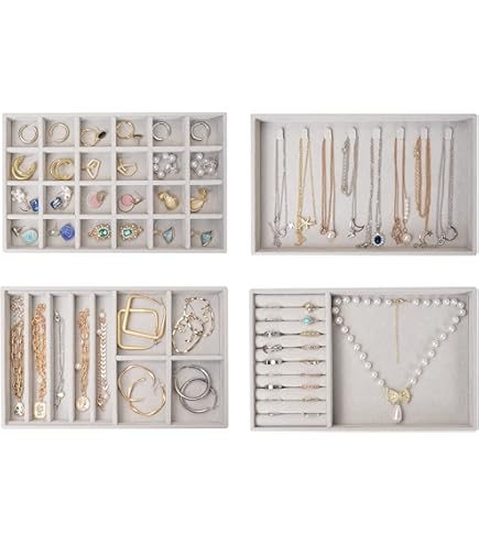 12 stuks stapelbare sieradenschalen van fluweel, grijze sieradenlade- organizer, grote afneembare display-sieradenlade, halsketting armband opbergdoos voor oorbellen, ringen, broche, horloge (roze