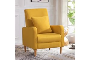 COLAMY Modern Upholstered Accent Chair Small Armchair with Pillow, Fabric Reading Living Room Side Chair for Bedroom,Single Sofa with Lounge Seat and Wood Legs, Yellow