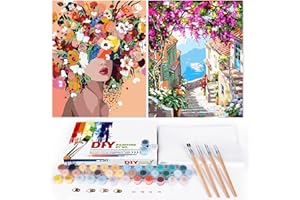 EFOTIML Kit di vernice per numeri per adulti principianti e bambini Età 8-12, 16x20 Tela per kit di vernice per adulti (senza cornice) - fiori bambina e fiori città (2PCS)