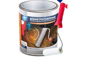 ATOUT RÉSINES Résine polyuréthane SATIN 750ML mono- composant, incolore, vernis, vitrificateur, protection polyvalente, multi-usages et son rouleau adapté à la bonne application de la résine.