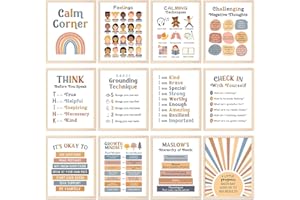 Whaline 12 Blatt Calming Corner Klassenzimmer-Poster, Boho-Poster für Psychische Gesundheit, Gefühle, Schulanfang, Beruhigende Bewältigungsfähigkeiten, Pädagogische Therapie für Vorschule
