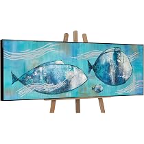 Quadro Su Tela Dipinto A Mano 'Pesce Da Viaggio' - 120x40 Cm, Acrilico Su Tela, Arte Moderna Blu, Con Certificato - Foto 1
