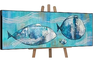 YS-Art Quadri Tela acrilica Dipinta a Mano Pesce da Viaggio Arte Moderna Colore Blu Pittura acrilica su Tela Quadro su Tela con Cornice 120x40 cm