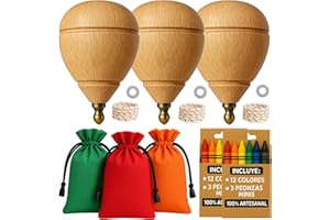 ALEJANDRO FUENTES AF® - Kreisel Holz Set Mit 3 Kreiseln für Kinder + 12 Buntstifte | Personalisiere Deinen Mini Holzkreisel