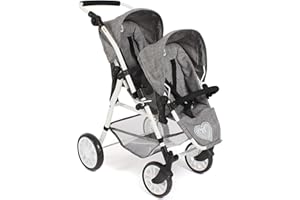 Bayer Chic 2000 - Cochecito de muñecas Twinny, Cochecito Gemelo para Dos muñecas, Cochecito Gemelo para niños de 4 a 8 años, Color Gris Vaquero, 691-76, 63 x 43 x 77 cm