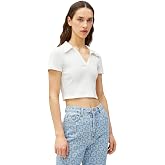 Koton Crop Tiş&ouml;rt Polo Yaka Kısa Kollu Dokulu Tiş&ouml;rt Kadın